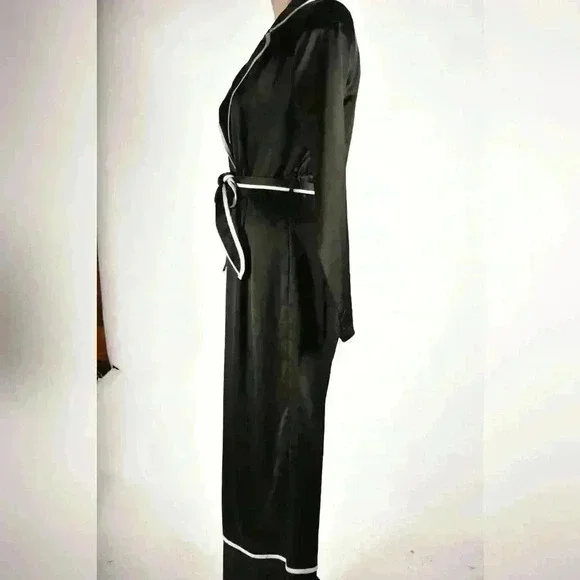 MISSGUIDED Black White Piped Poly Satin Pyjama Tie Wide Leg Jumpsuit 8US 12UK - Picture 2 of 11